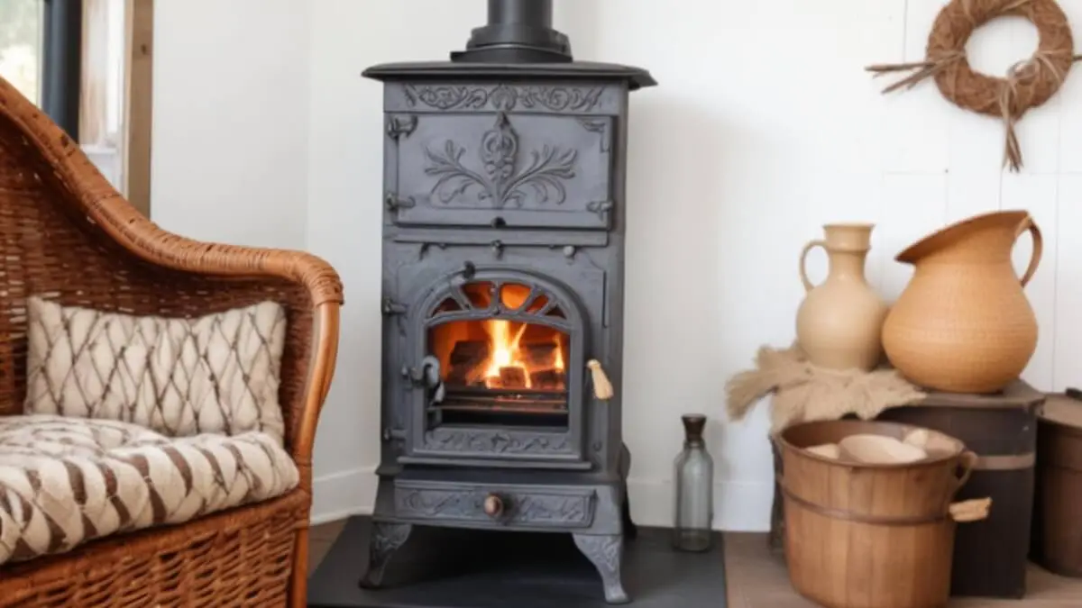 a wood burning stove in a room